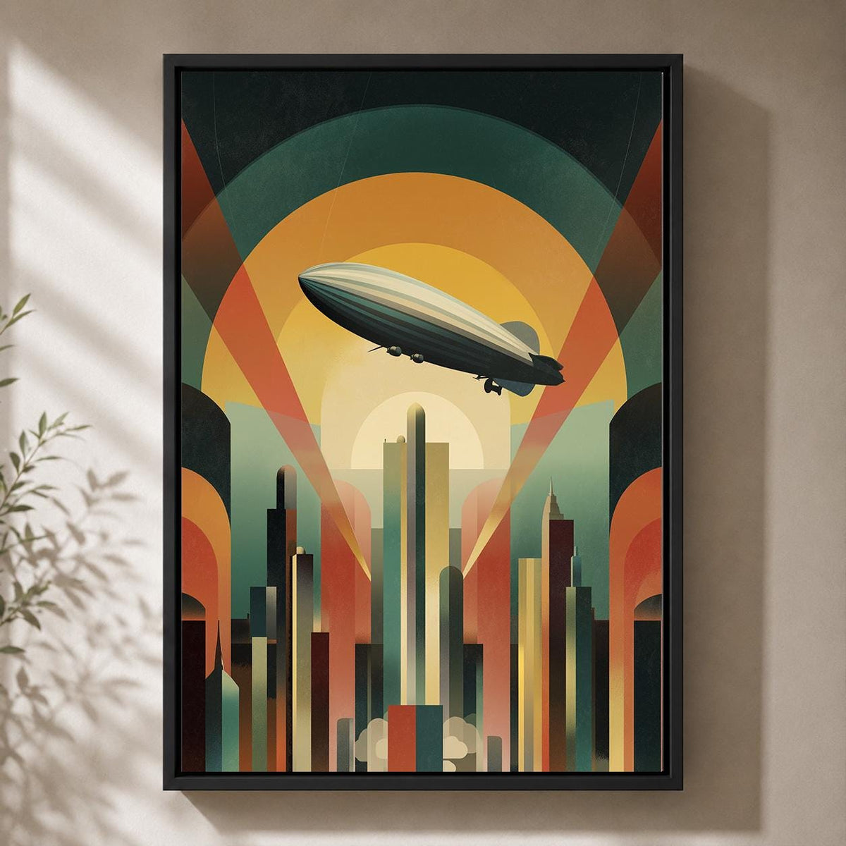 Art Deco Airship Framed Canvas Print, Retro Futurism Zeppelin Cityscape Wall Art by The Wall Art Studio - physical