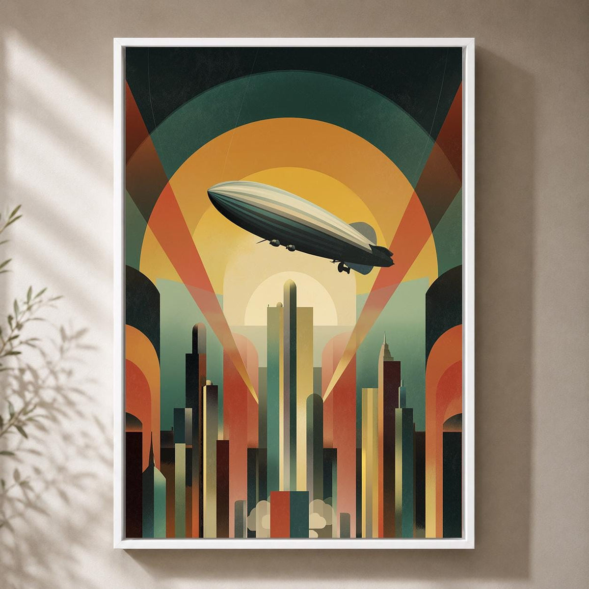 Art Deco Airship Framed Canvas Print, Retro Futurism Zeppelin Cityscape Wall Art by The Wall Art Studio - physical