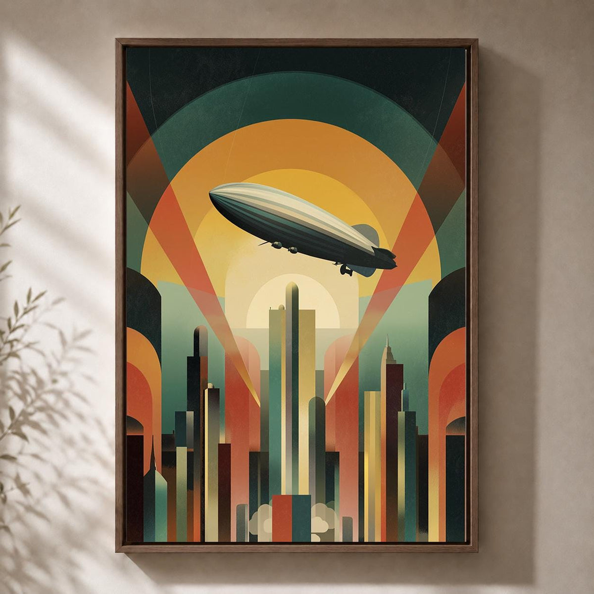 Art Deco Airship Framed Canvas Print, Retro Futurism Zeppelin Cityscape Wall Art by The Wall Art Studio - physical