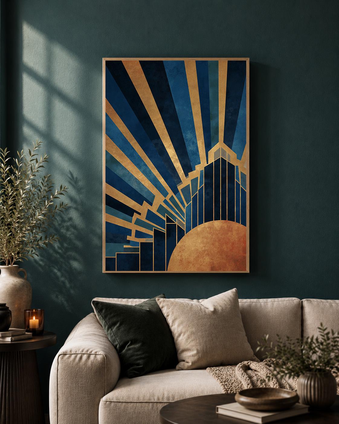 Art Deco Blue Gold Framed Canvas Print, Geometric Luxury Wall Art by The Wall Art Studio - physical