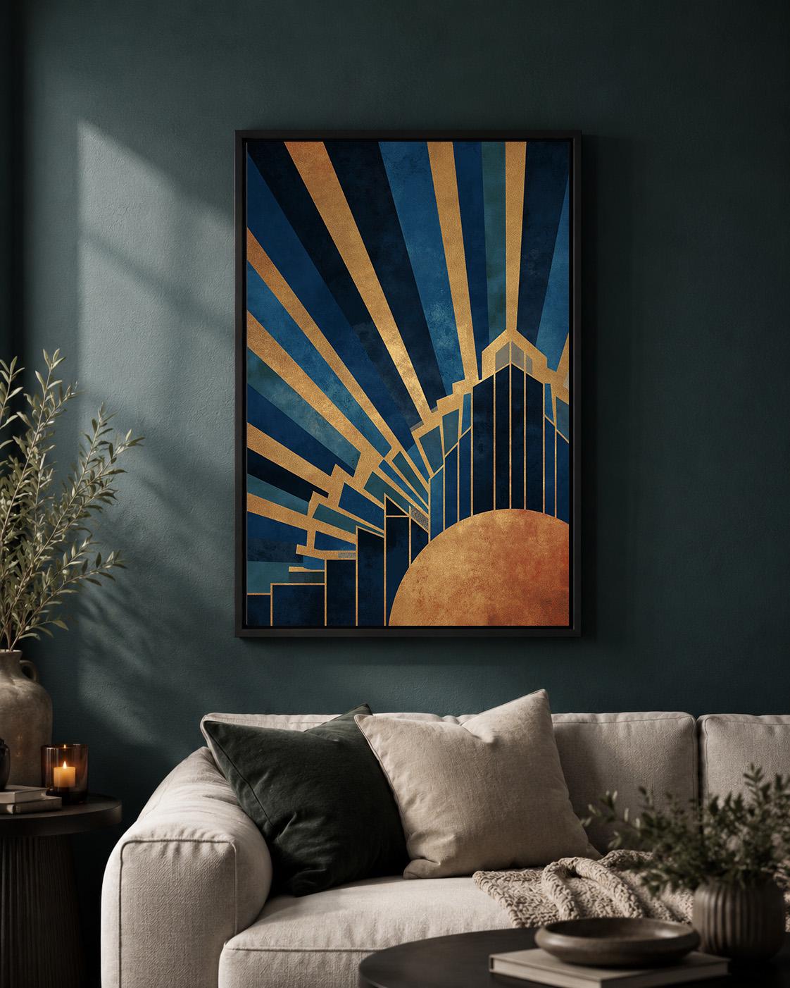 Art Deco Blue Gold Framed Canvas Print, Geometric Luxury Wall Art by The Wall Art Studio - physical