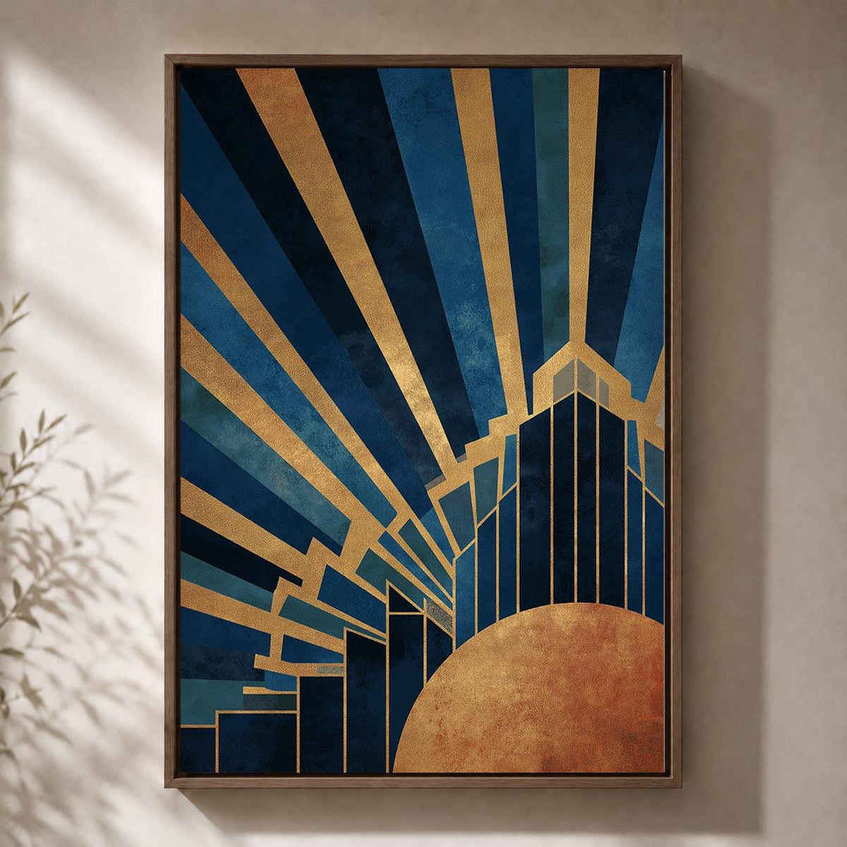 Art Deco Blue Gold Framed Canvas Print, Geometric Luxury Wall Art by The Wall Art Studio - physical