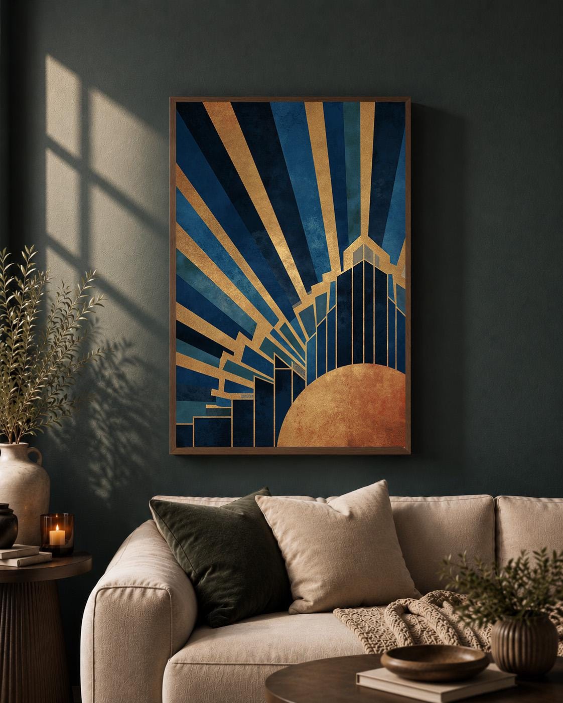 Art Deco Blue Gold Framed Canvas Print, Geometric Luxury Wall Art by The Wall Art Studio - physical