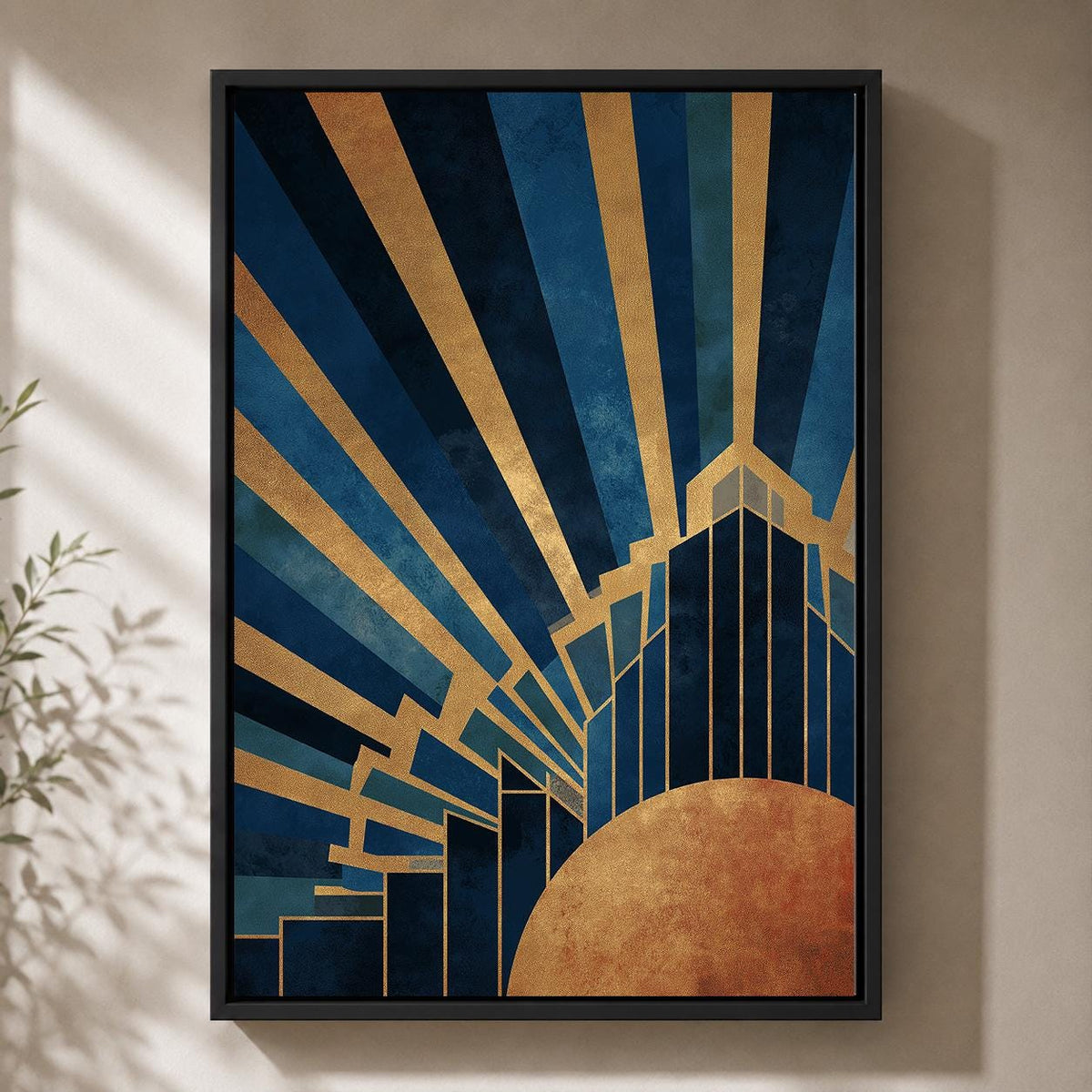 Art Deco Blue Gold Framed Canvas Print, Geometric Luxury Wall Art by The Wall Art Studio - physical