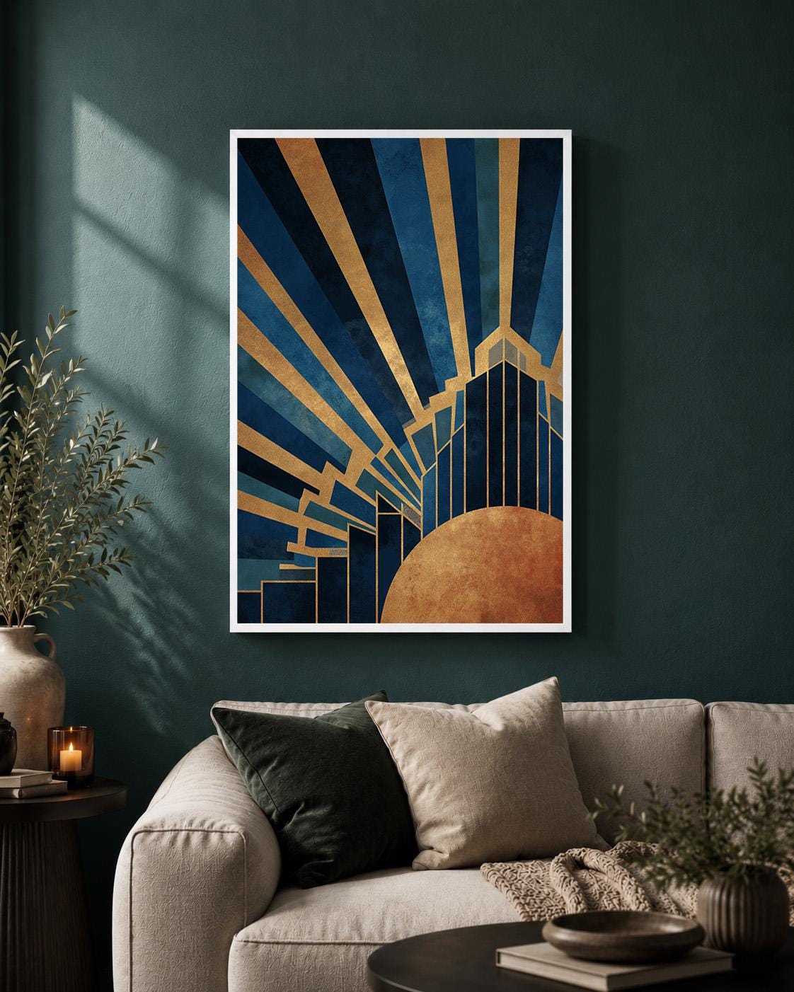 Art Deco Blue Gold Framed Canvas Print, Geometric Luxury Wall Art by The Wall Art Studio - physical