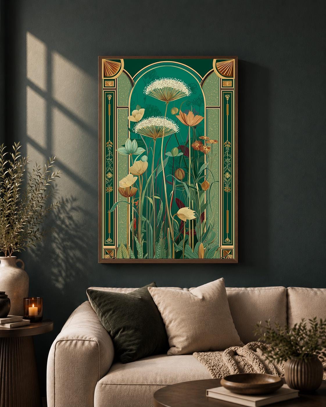 Art Deco Botanical Emerald Green Floral Framed Canvas Wall Art, Luxe Nature Decor by The Wall Art Studio - physical