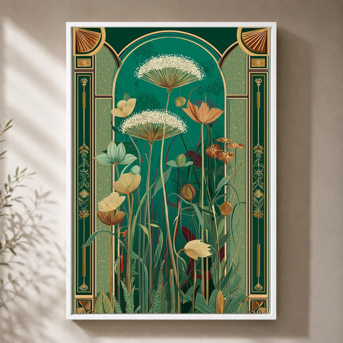 Art Deco Botanical Emerald Green Floral Framed Canvas Wall Art, Luxe Nature Decor by The Wall Art Studio - physical