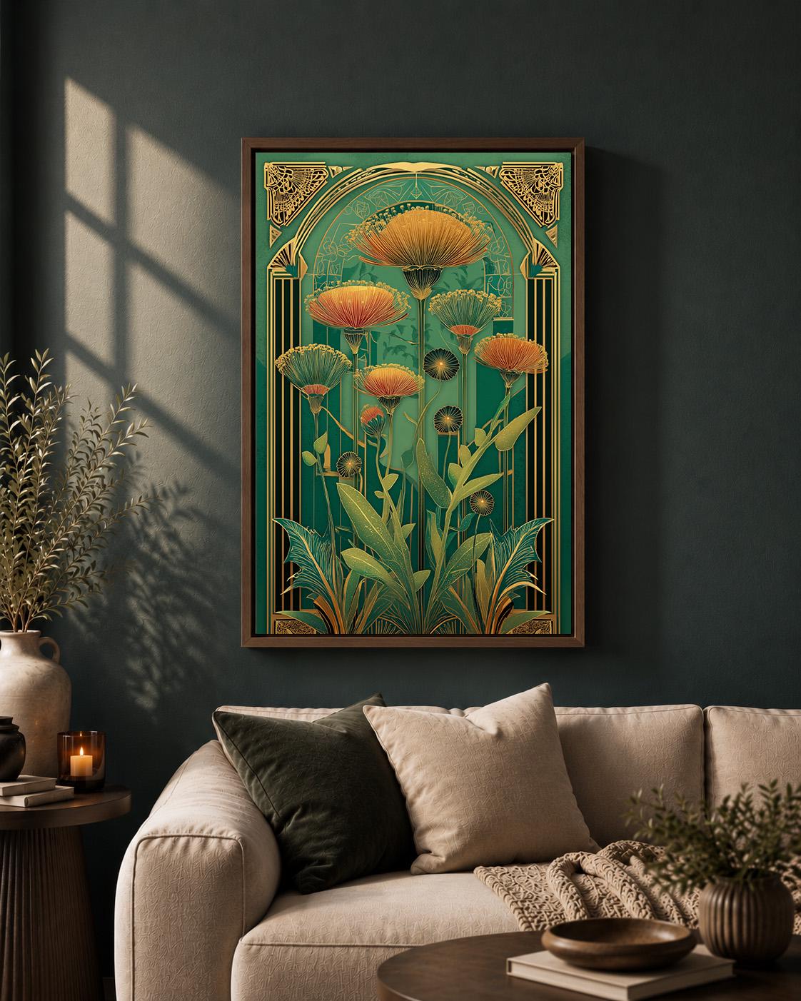 Art Deco Botanical Emerald Green Floral Framed Canvas Wall Art, Luxe Nature Decor by The Wall Art Studio - physical
