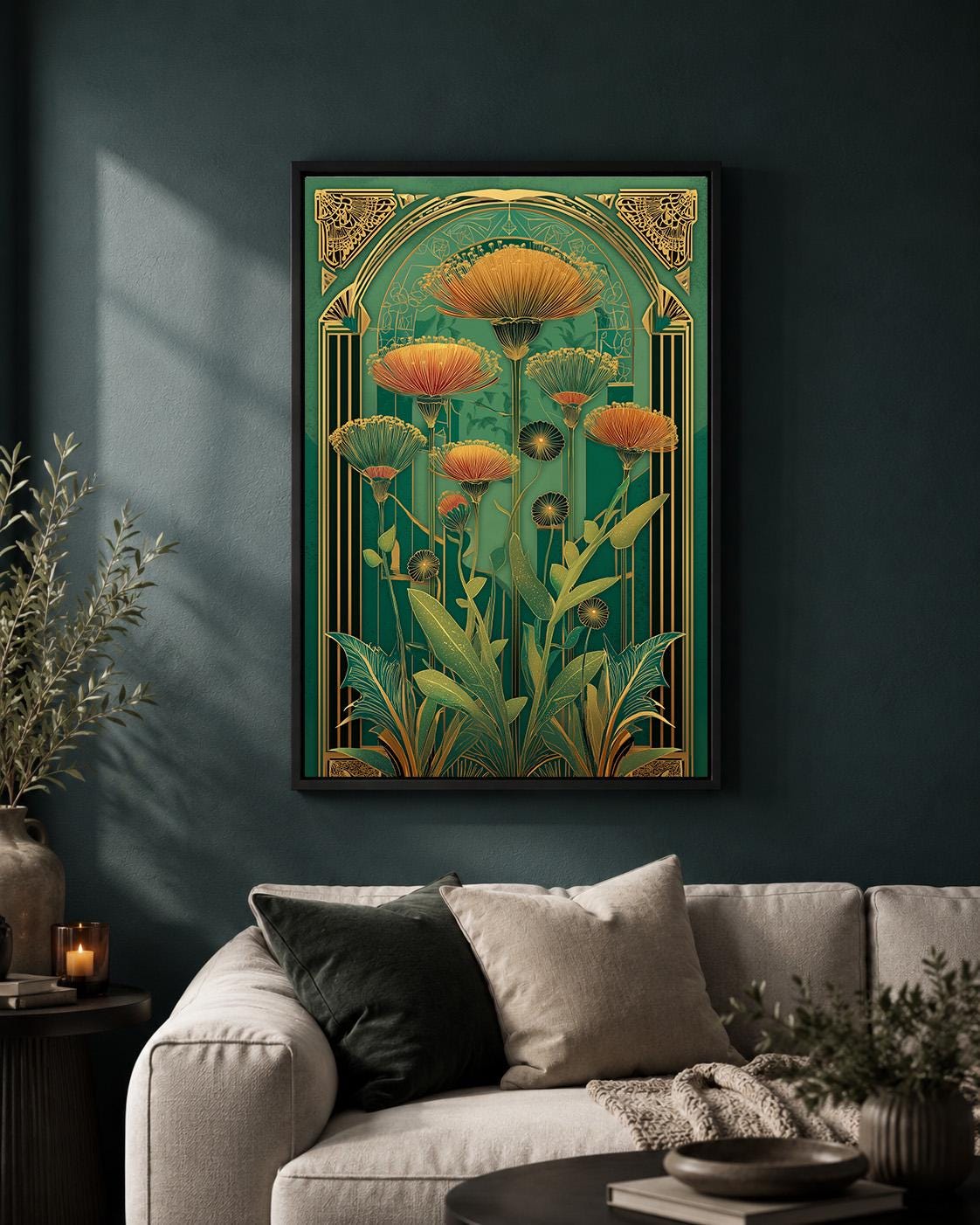 Art Deco Botanical Emerald Green Floral Framed Canvas Wall Art, Luxe Nature Decor by The Wall Art Studio - physical