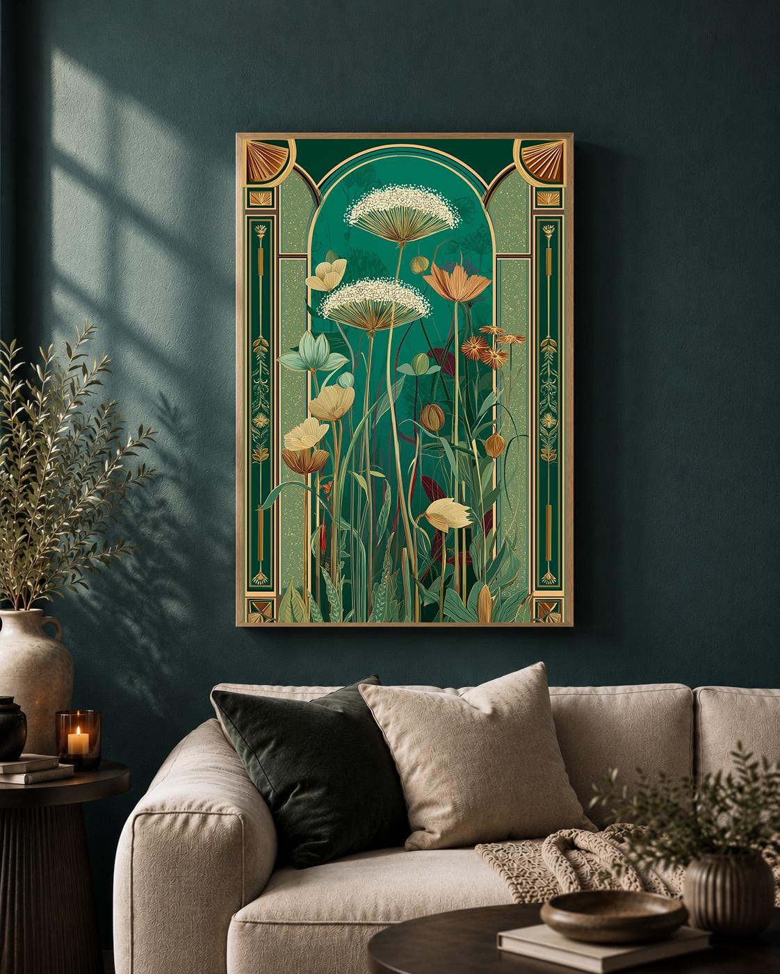 Art Deco Botanical Emerald Green Floral Framed Canvas Wall Art, Luxe Nature Decor by The Wall Art Studio - physical