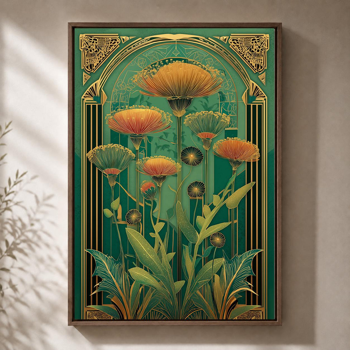 Art Deco Botanical Emerald Green Floral Framed Canvas Wall Art, Luxe Nature Decor by The Wall Art Studio - physical