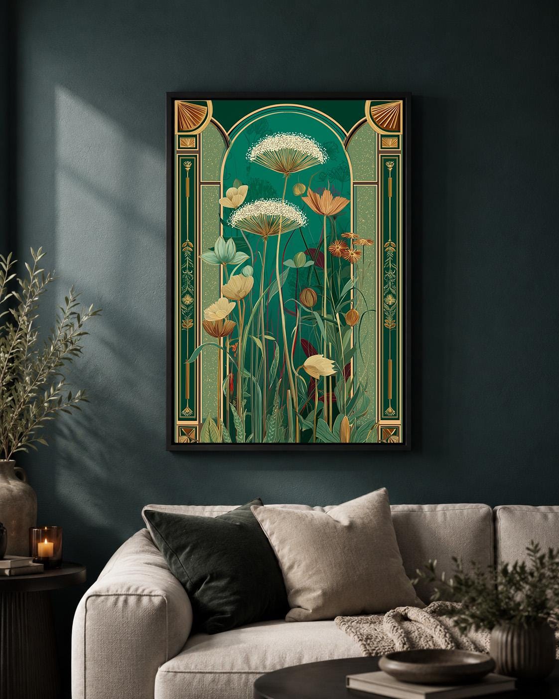 Art Deco Botanical Emerald Green Floral Framed Canvas Wall Art, Luxe Nature Decor by The Wall Art Studio - physical