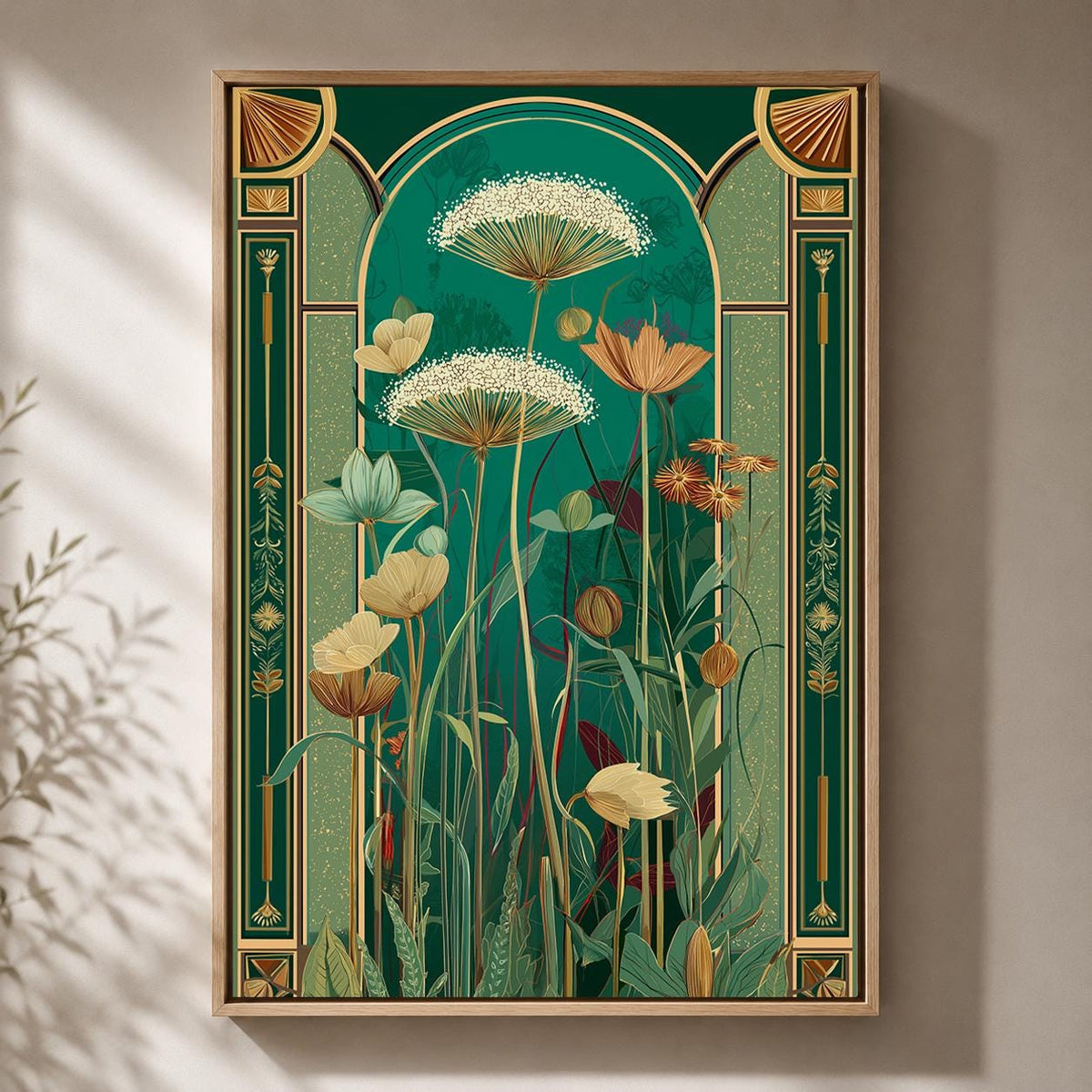Art Deco Botanical Emerald Green Floral Framed Canvas Wall Art, Luxe Nature Decor by The Wall Art Studio - physical