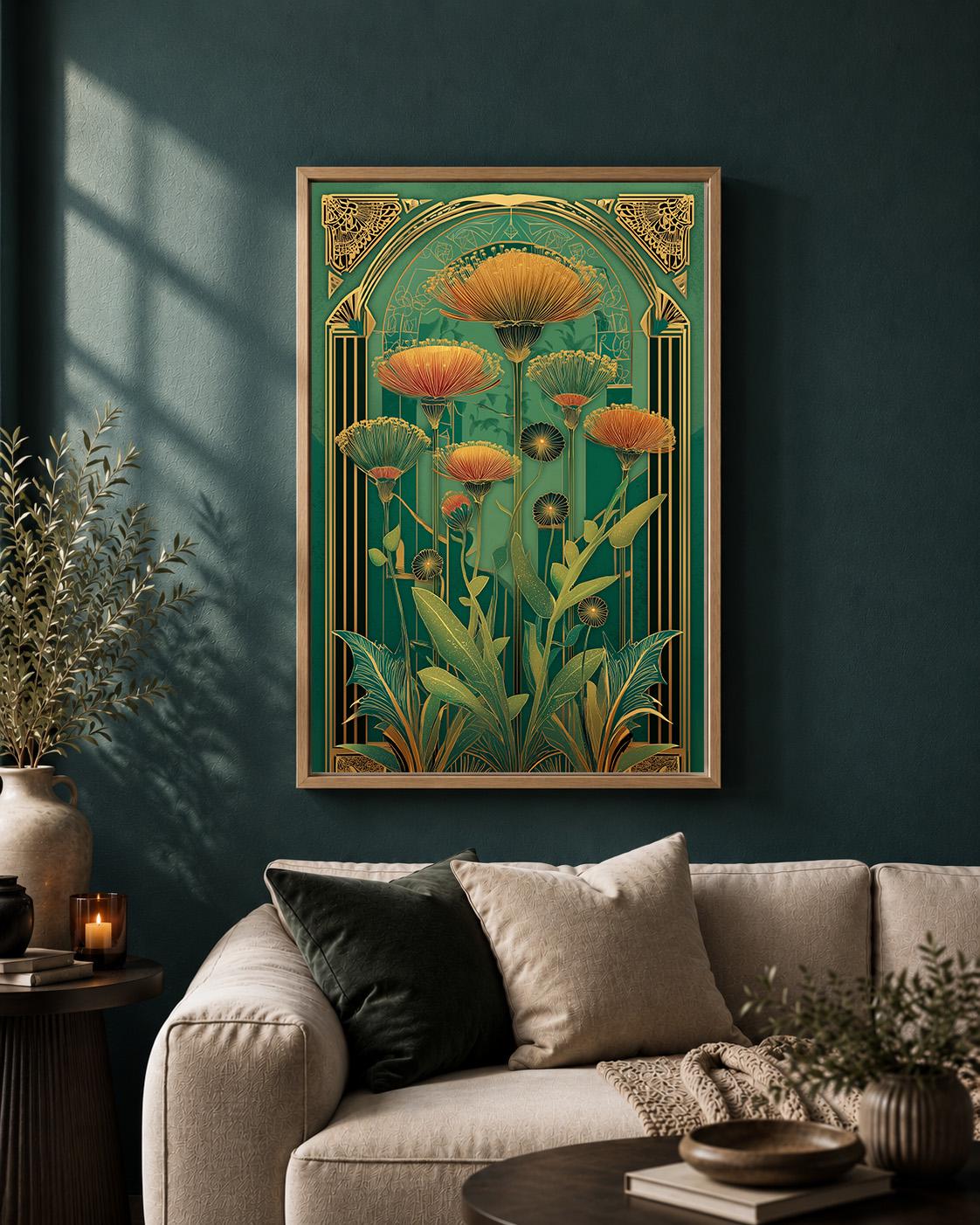 Art Deco Botanical Emerald Green Floral Framed Canvas Wall Art, Luxe Nature Decor by The Wall Art Studio - physical