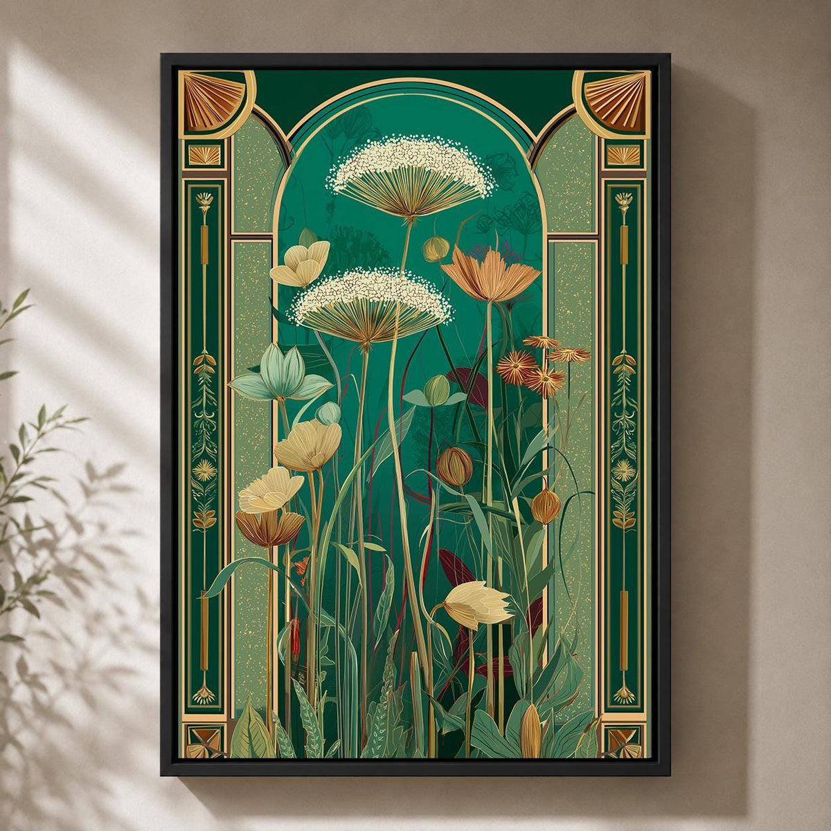 Art Deco Botanical Emerald Green Floral Framed Canvas Wall Art, Luxe Nature Decor by The Wall Art Studio - physical