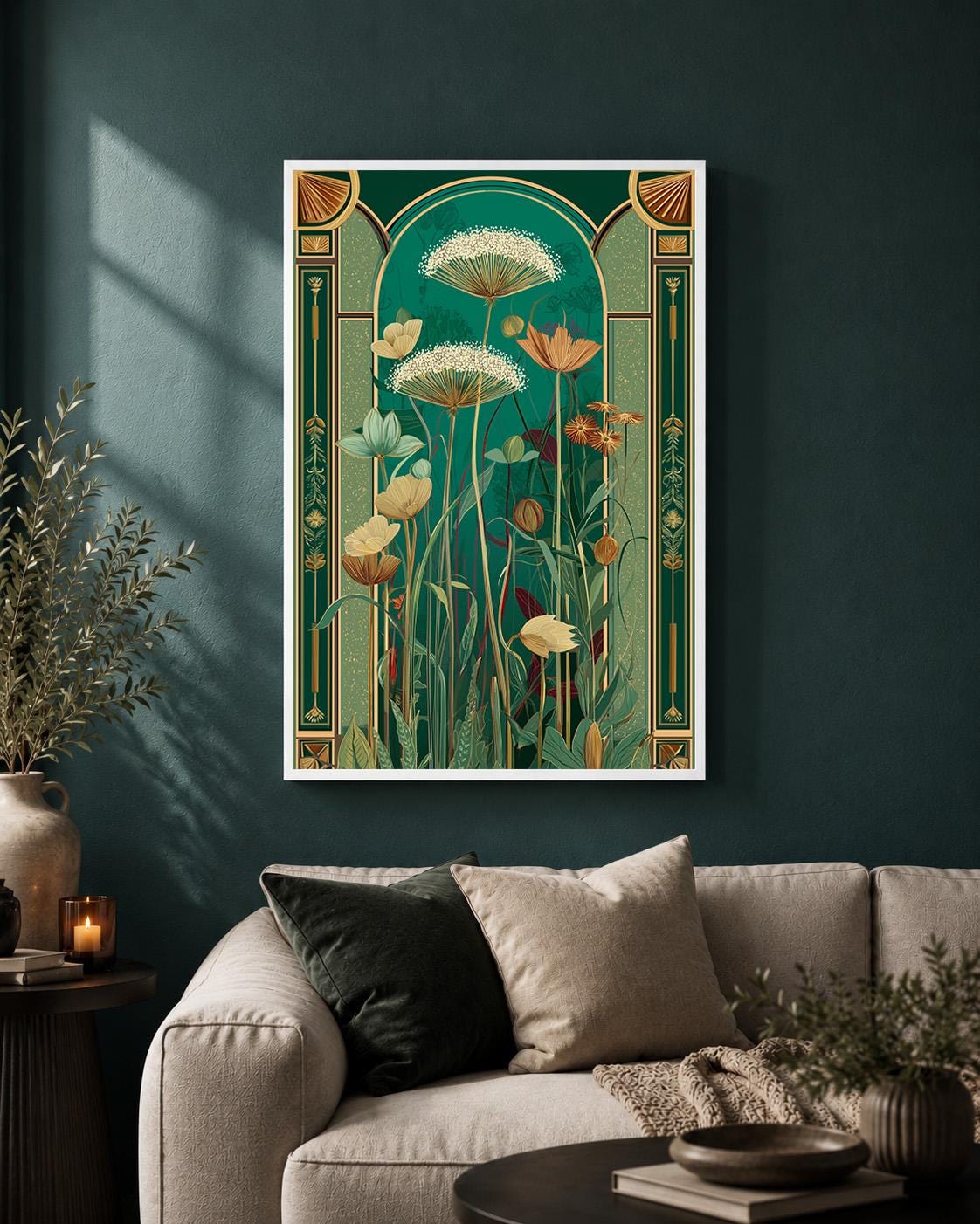 Art Deco Botanical Emerald Green Floral Framed Canvas Wall Art, Luxe Nature Decor by The Wall Art Studio - physical