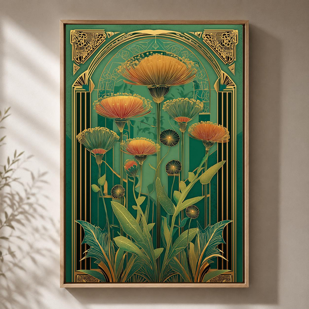 Art Deco Botanical Emerald Green Floral Framed Canvas Wall Art, Luxe Nature Decor by The Wall Art Studio - physical