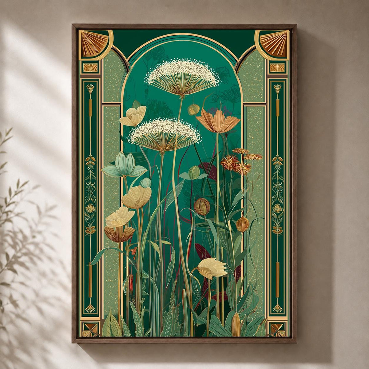 Art Deco Botanical Emerald Green Floral Framed Canvas Wall Art, Luxe Nature Decor by The Wall Art Studio - physical