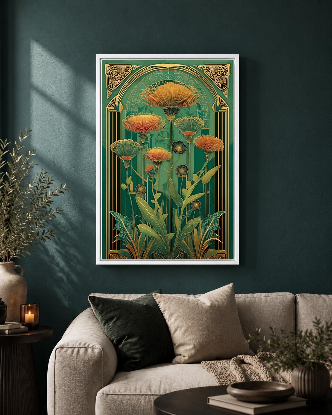 Art Deco Botanical Emerald Green Floral Framed Canvas Wall Art, Luxe Nature Decor by The Wall Art Studio - physical