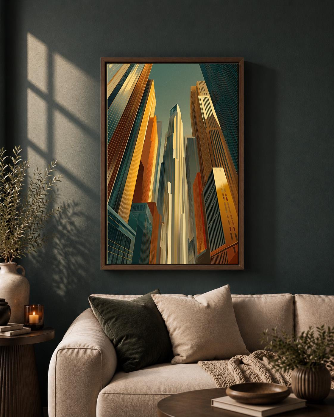 Art Deco Cityscape Framed Canvas Art, Vintage Skyscraper Print, Teal Gold Urban Decor by The Wall Art Studio - physical