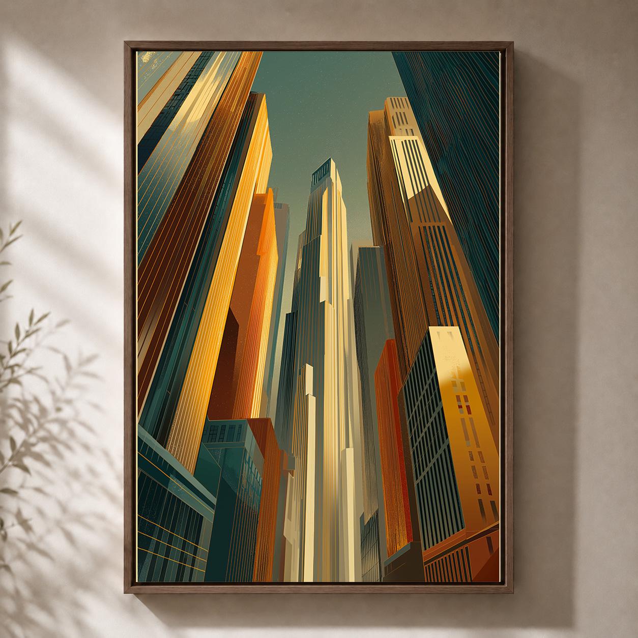 Art Deco Cityscape Framed Canvas Art, Vintage Skyscraper Print, Teal Gold Urban Decor by The Wall Art Studio - physical