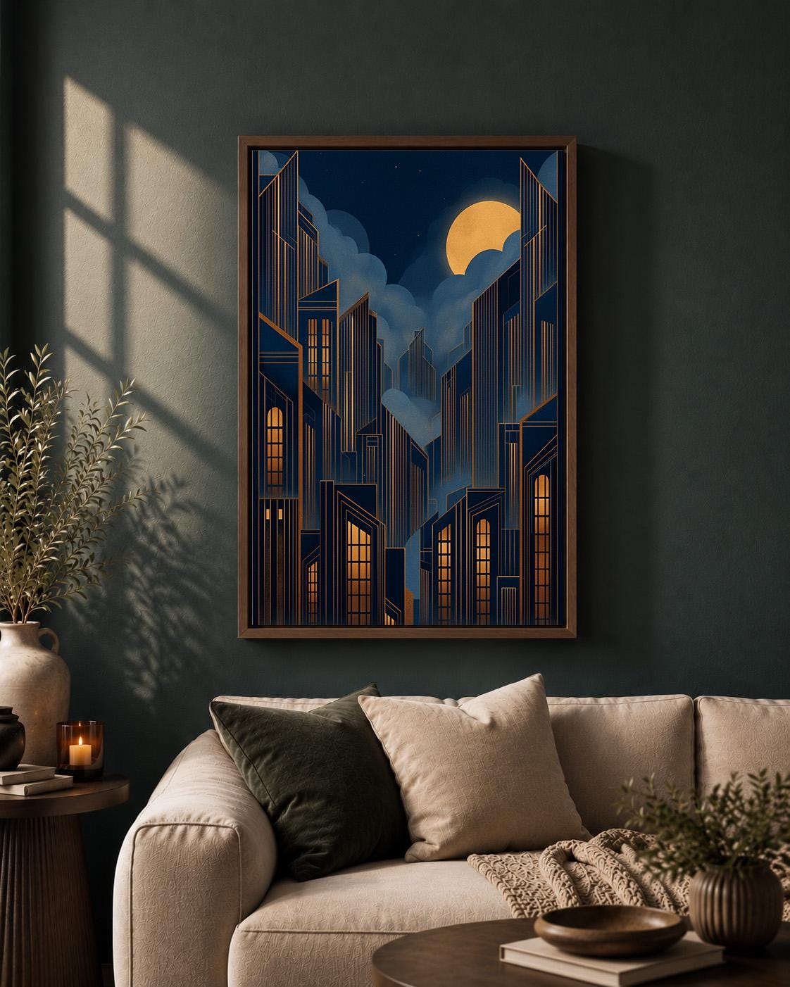 Art Deco Cityscape Framed Canvas Print, Moody Midnight Skyline Wall Art, Geometric Urban Decor by The Wall Art Studio - ph...