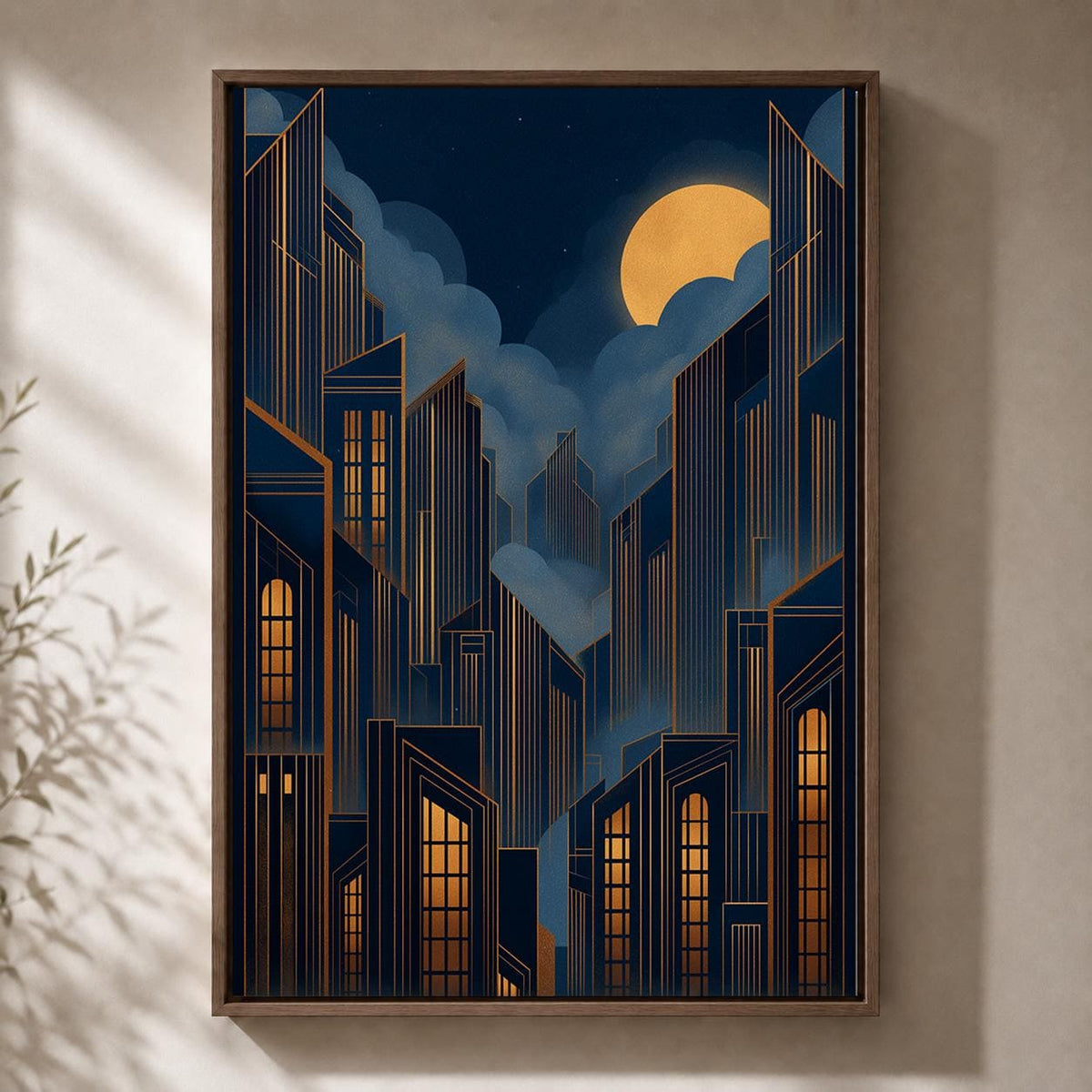Art Deco Cityscape Framed Canvas Print, Moody Midnight Skyline Wall Art, Geometric Urban Decor by The Wall Art Studio - ph...