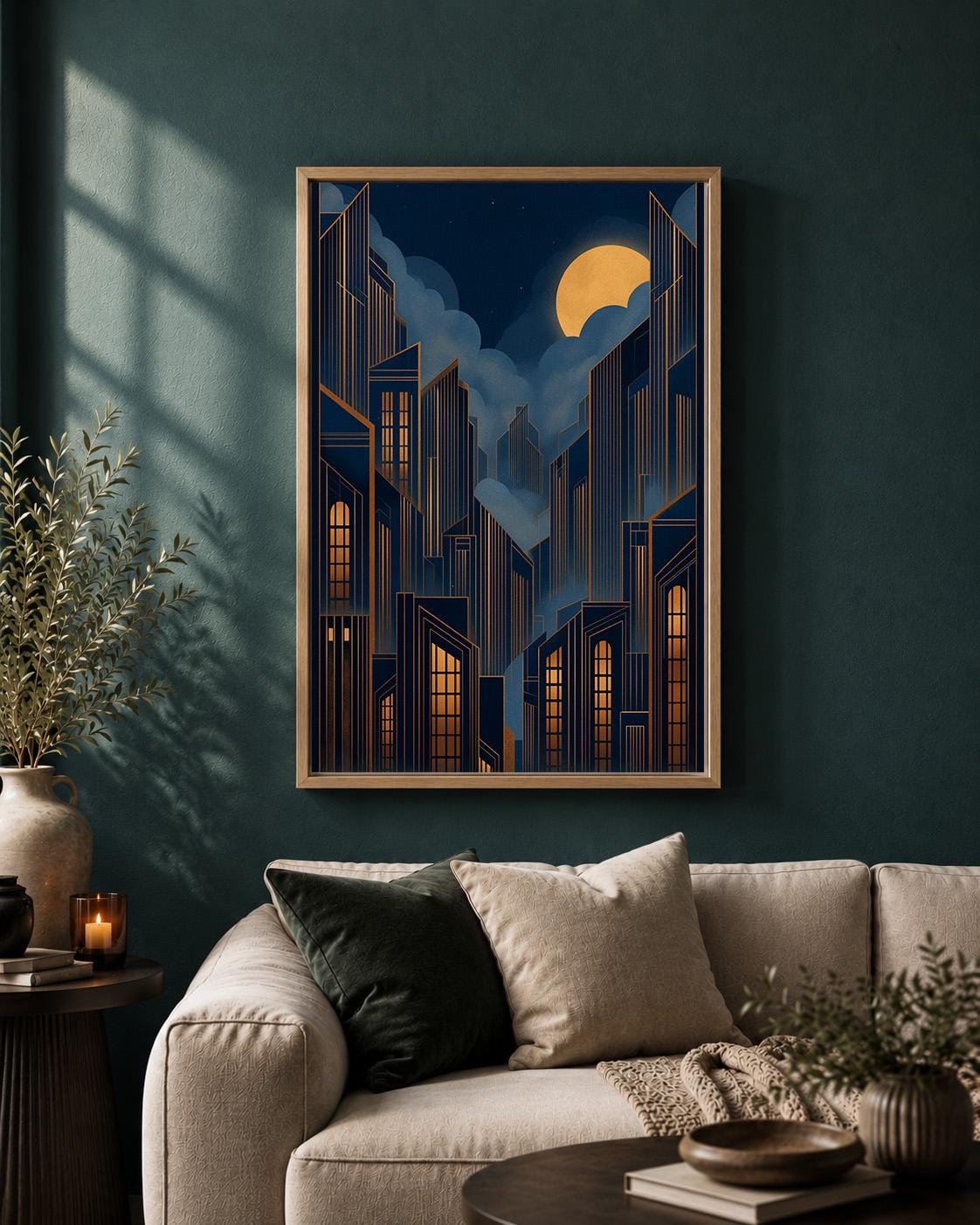 Art Deco Cityscape Framed Canvas Print, Moody Midnight Skyline Wall Art, Geometric Urban Decor by The Wall Art Studio - ph...