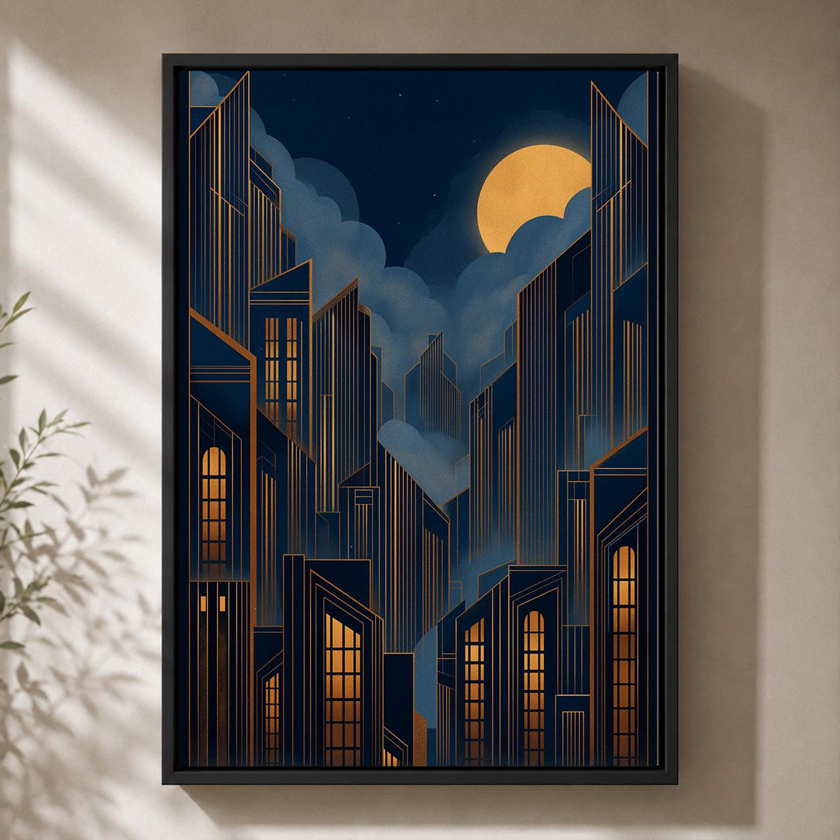 Art Deco Cityscape Framed Canvas Print, Moody Midnight Skyline Wall Art, Geometric Urban Decor by The Wall Art Studio - ph...
