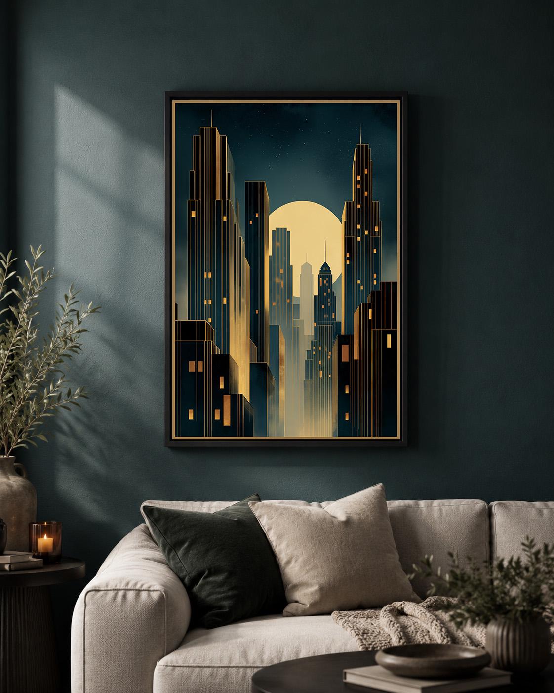 Art Deco Cityscape Framed Canvas Wall Art, Moody Midnight Skyline Print, Geometric Urban Deco Decor by The Wall Art Studio...