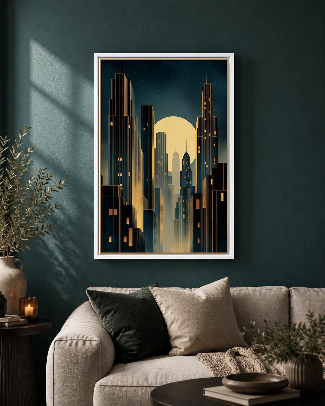 Art Deco Cityscape Framed Canvas Wall Art, Moody Midnight Skyline Print, Geometric Urban Deco Decor by The Wall Art Studio...