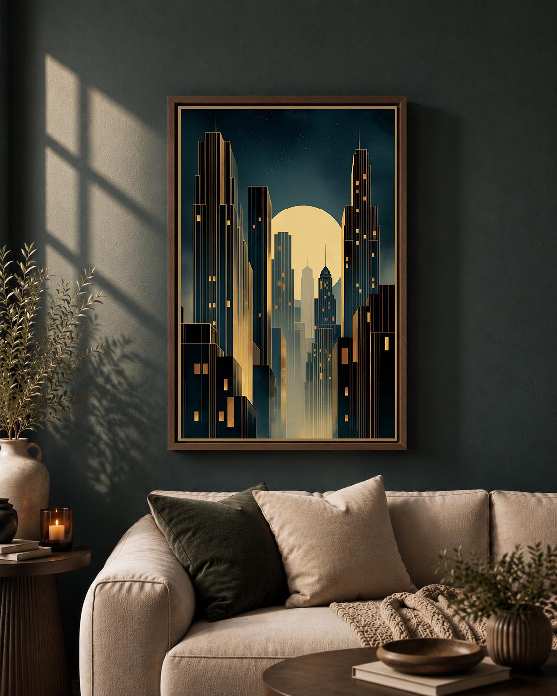 Art Deco Cityscape Framed Canvas Wall Art, Moody Midnight Skyline Print, Geometric Urban Deco Decor by The Wall Art Studio...