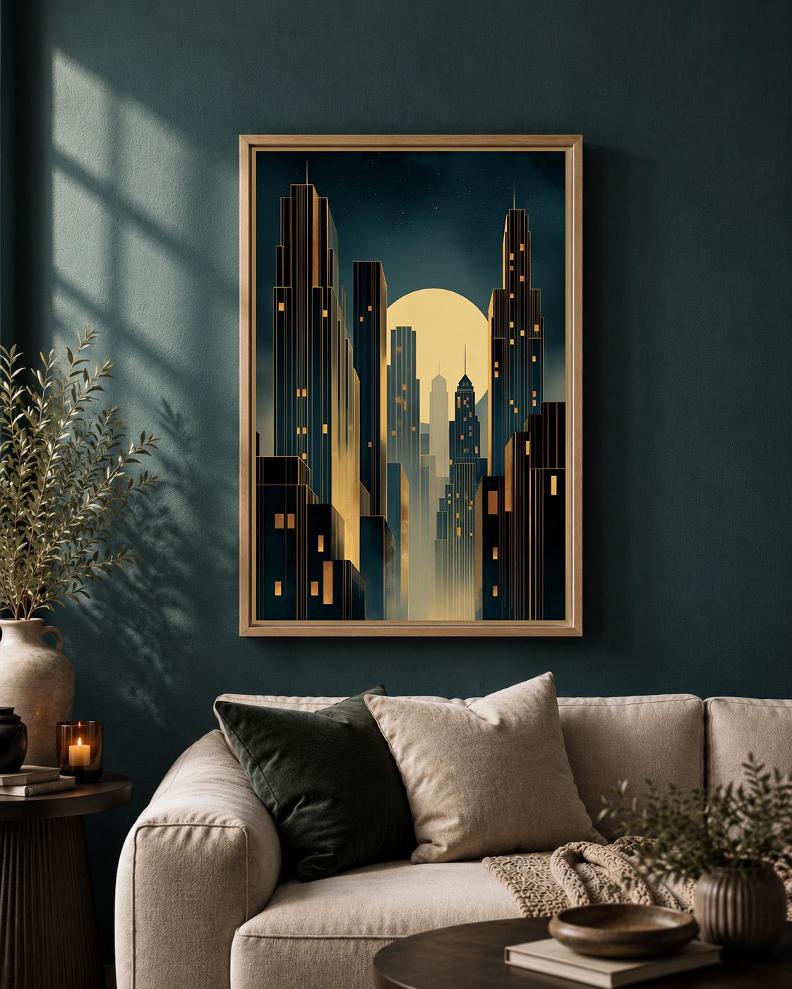 Art Deco Cityscape Framed Canvas Wall Art, Moody Midnight Skyline Print, Geometric Urban Deco Decor by The Wall Art Studio...