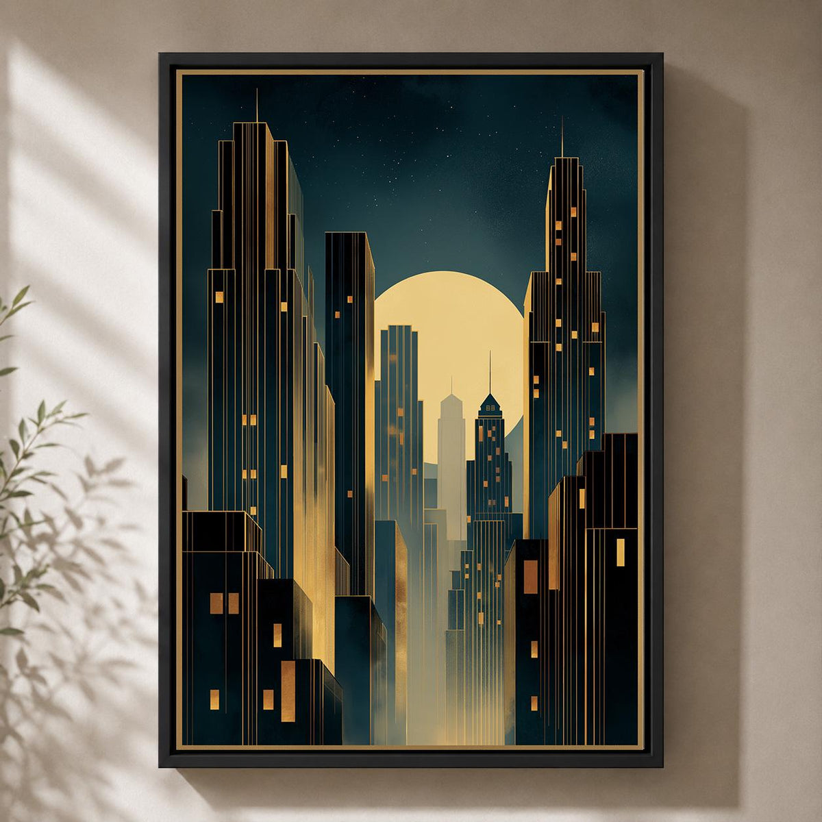 Art Deco Cityscape Framed Canvas Wall Art, Moody Midnight Skyline Print, Geometric Urban Deco Decor by The Wall Art Studio...