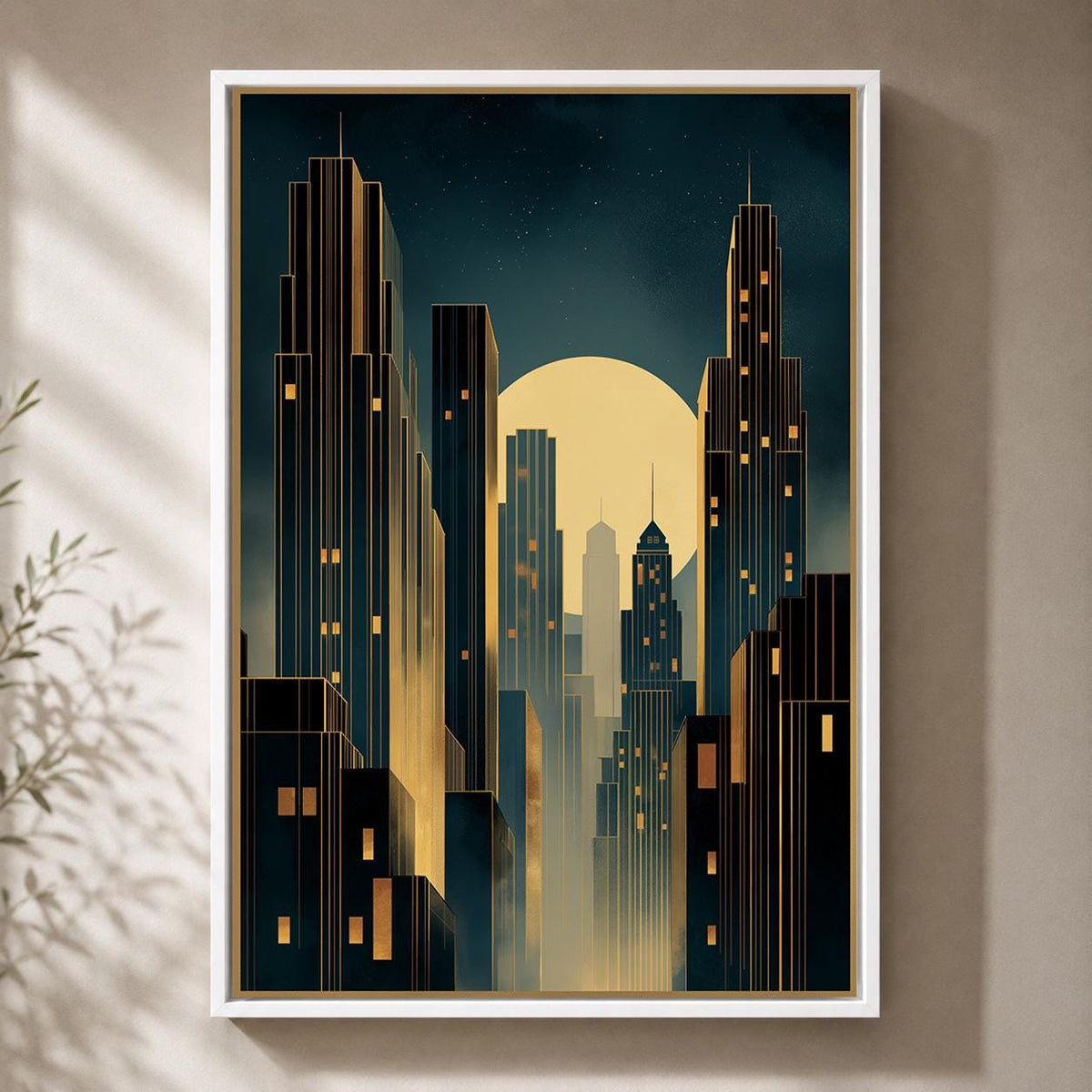 Art Deco Cityscape Framed Canvas Wall Art, Moody Midnight Skyline Print, Geometric Urban Deco Decor by The Wall Art Studio...