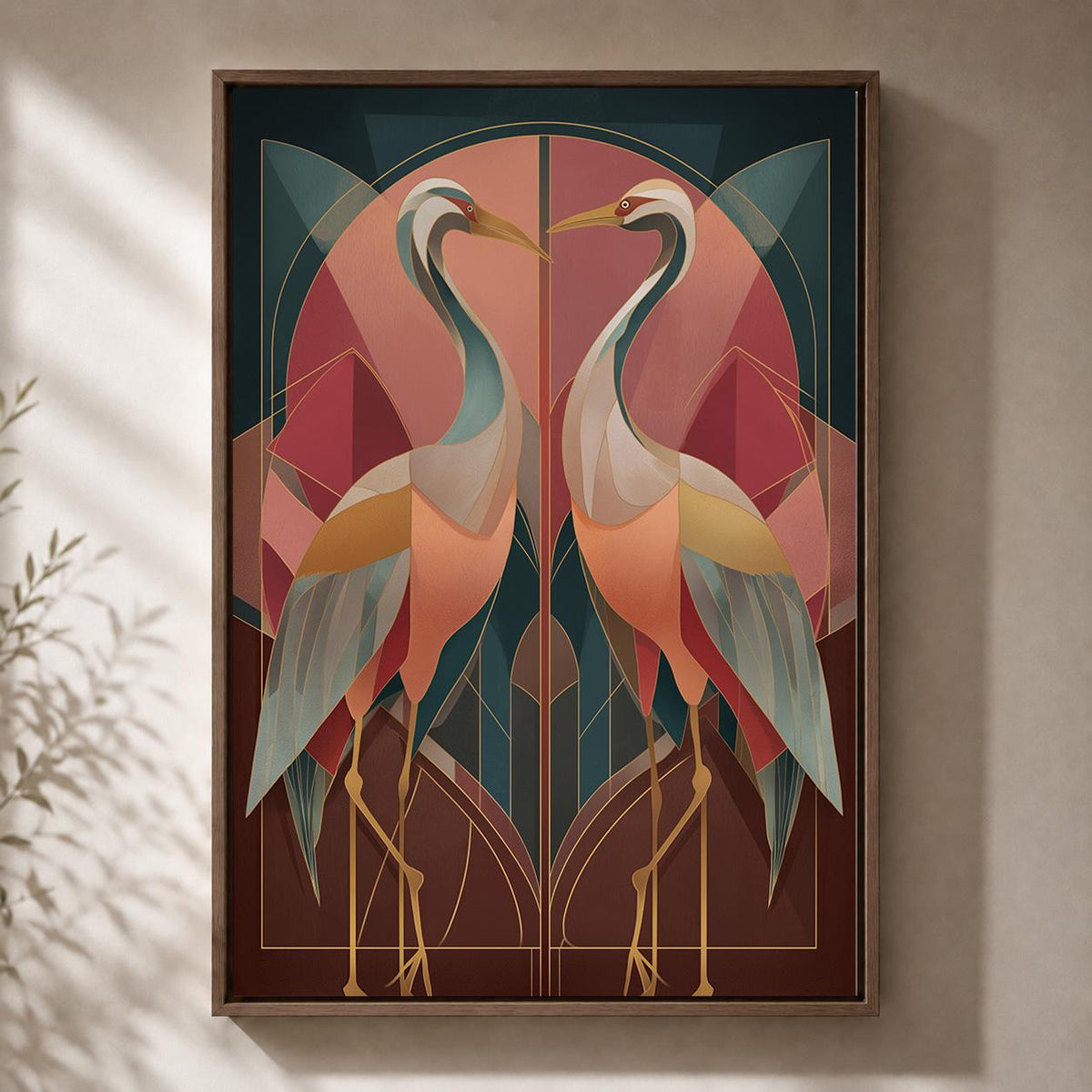 Art Deco Crane Framed Canvas Wall Art, Vintage Bird Geometric Print, Maximalist Style Decor by The Wall Art Studio - physical