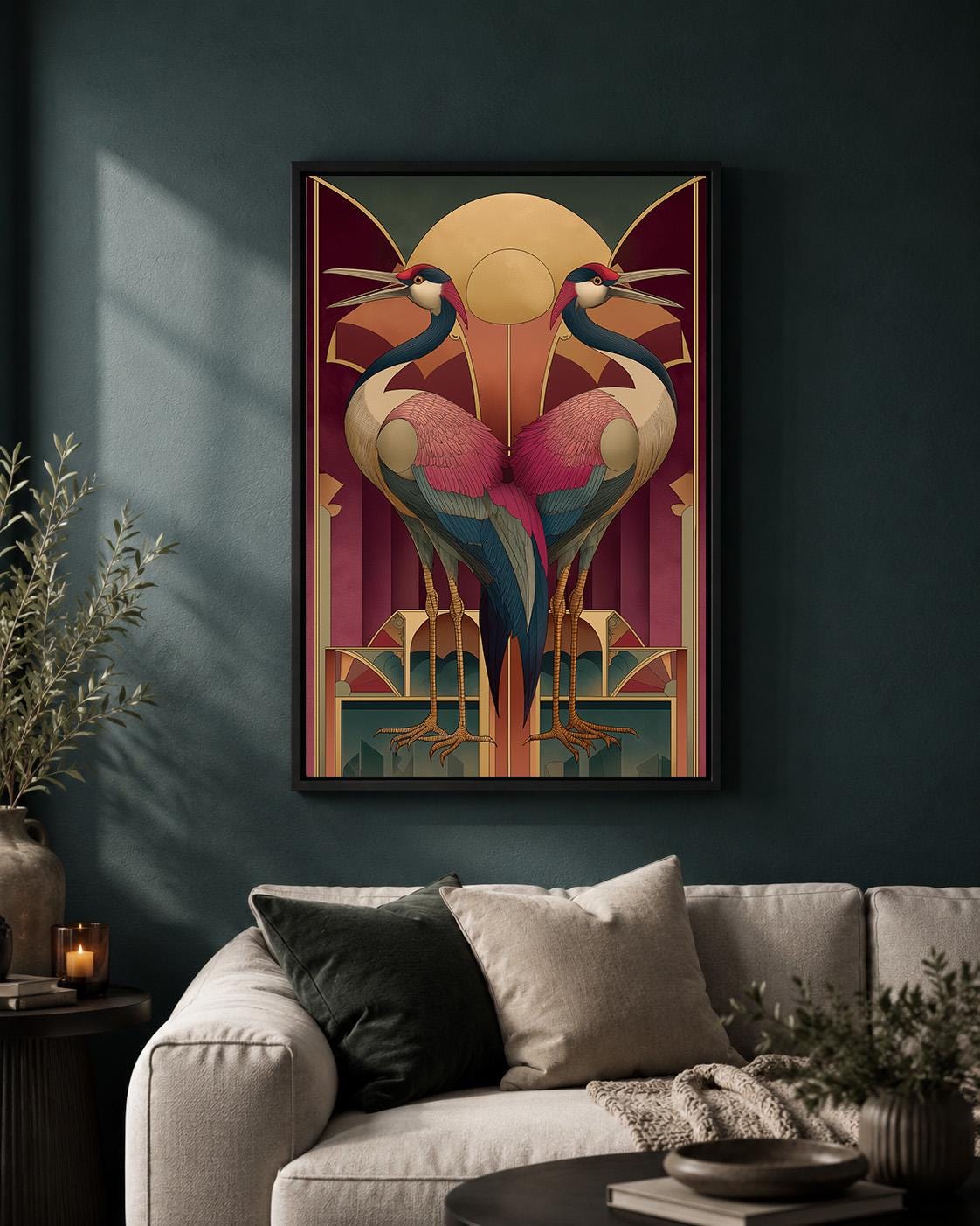 Art Deco Crane Framed Canvas Wall Art, Vintage Bird Geometric Print, Maximalist Style Decor by The Wall Art Studio - physical