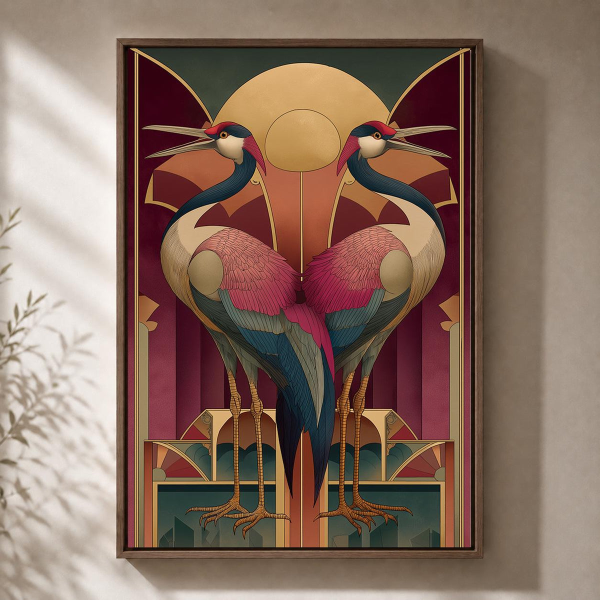 Art Deco Crane Framed Canvas Wall Art, Vintage Bird Geometric Print, Maximalist Style Decor by The Wall Art Studio - physical