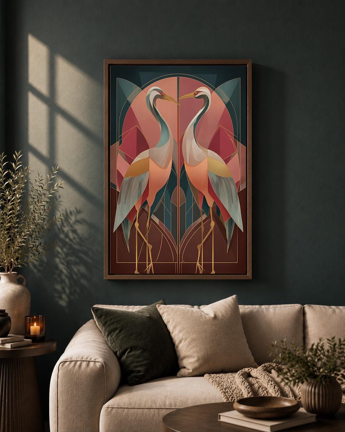 Art Deco Crane Framed Canvas Wall Art, Vintage Bird Geometric Print, Maximalist Style Decor by The Wall Art Studio - physical