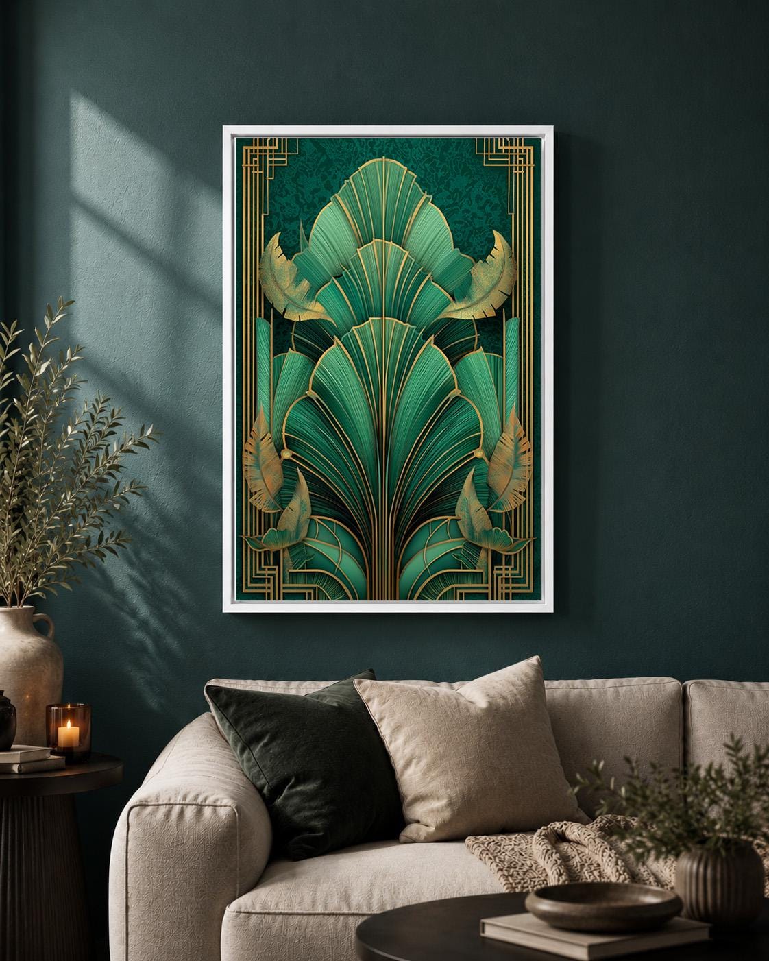 Art Deco Emerald Green Tropical Leaf Framed Canvas Print, Gold Botanical Wall Art by The Wall Art Studio - physical