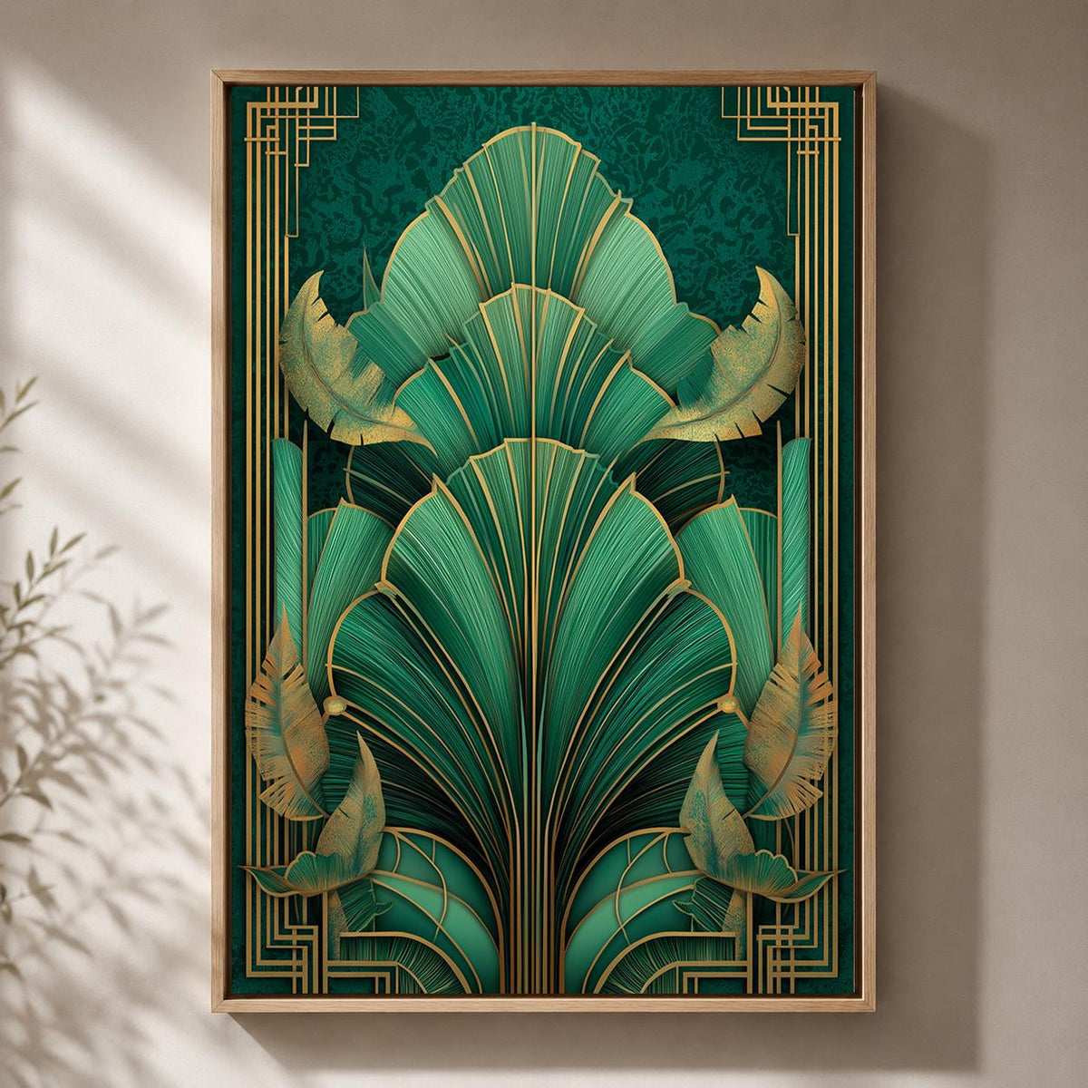 Art Deco Emerald Green Tropical Leaf Framed Canvas Print, Gold Botanical Wall Art by The Wall Art Studio - physical