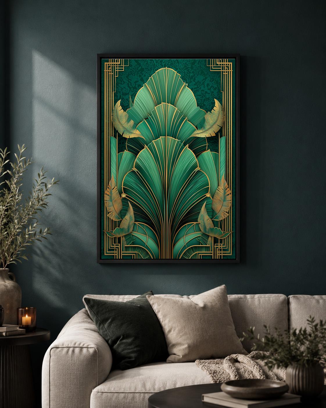 Art Deco Emerald Green Tropical Leaf Framed Canvas Print, Gold Botanical Wall Art by The Wall Art Studio - physical