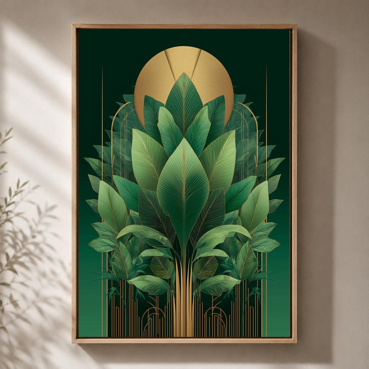 Art Deco Emerald Green Tropical Leaf Framed Canvas Print, Gold Botanical Wall Art by The Wall Art Studio - physical