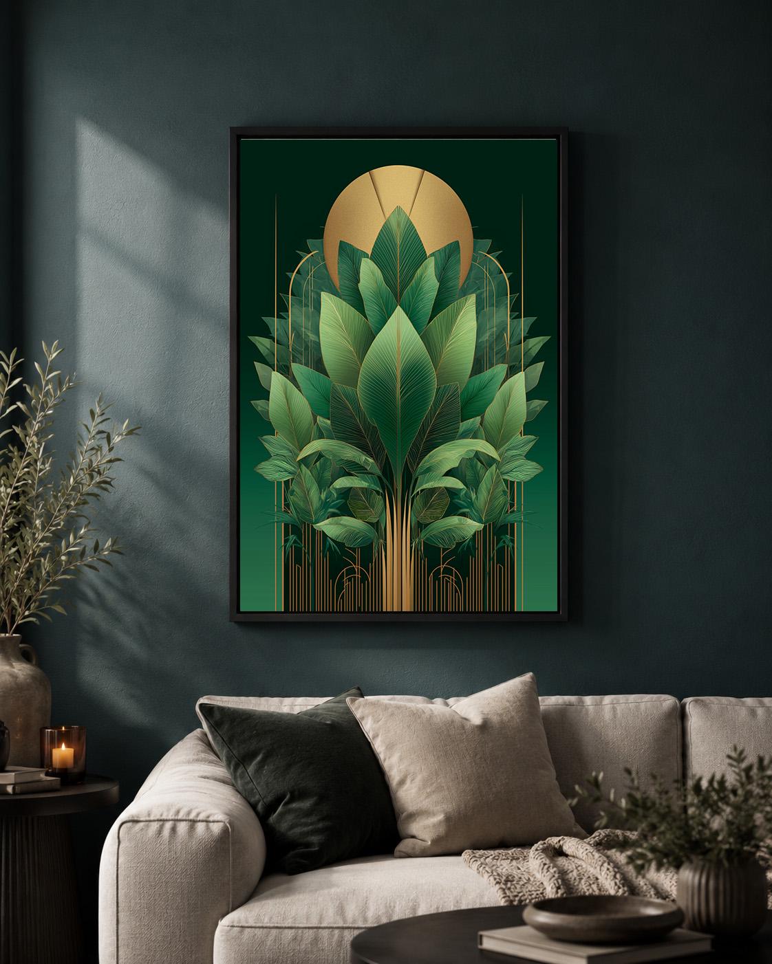 Art Deco Emerald Green Tropical Leaf Framed Canvas Print, Gold Botanical Wall Art by The Wall Art Studio - physical