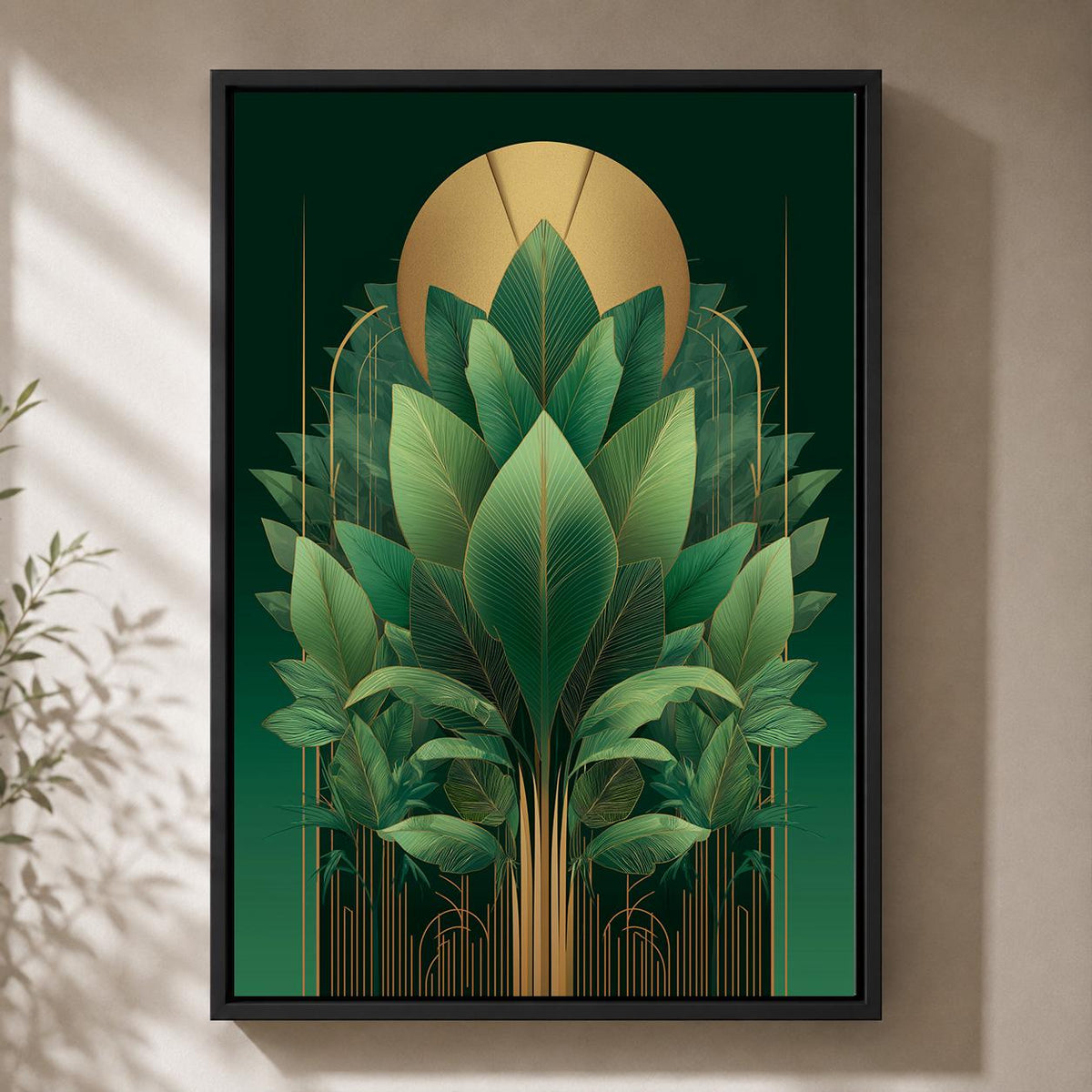 Art Deco Emerald Green Tropical Leaf Framed Canvas Print, Gold Botanical Wall Art by The Wall Art Studio - physical