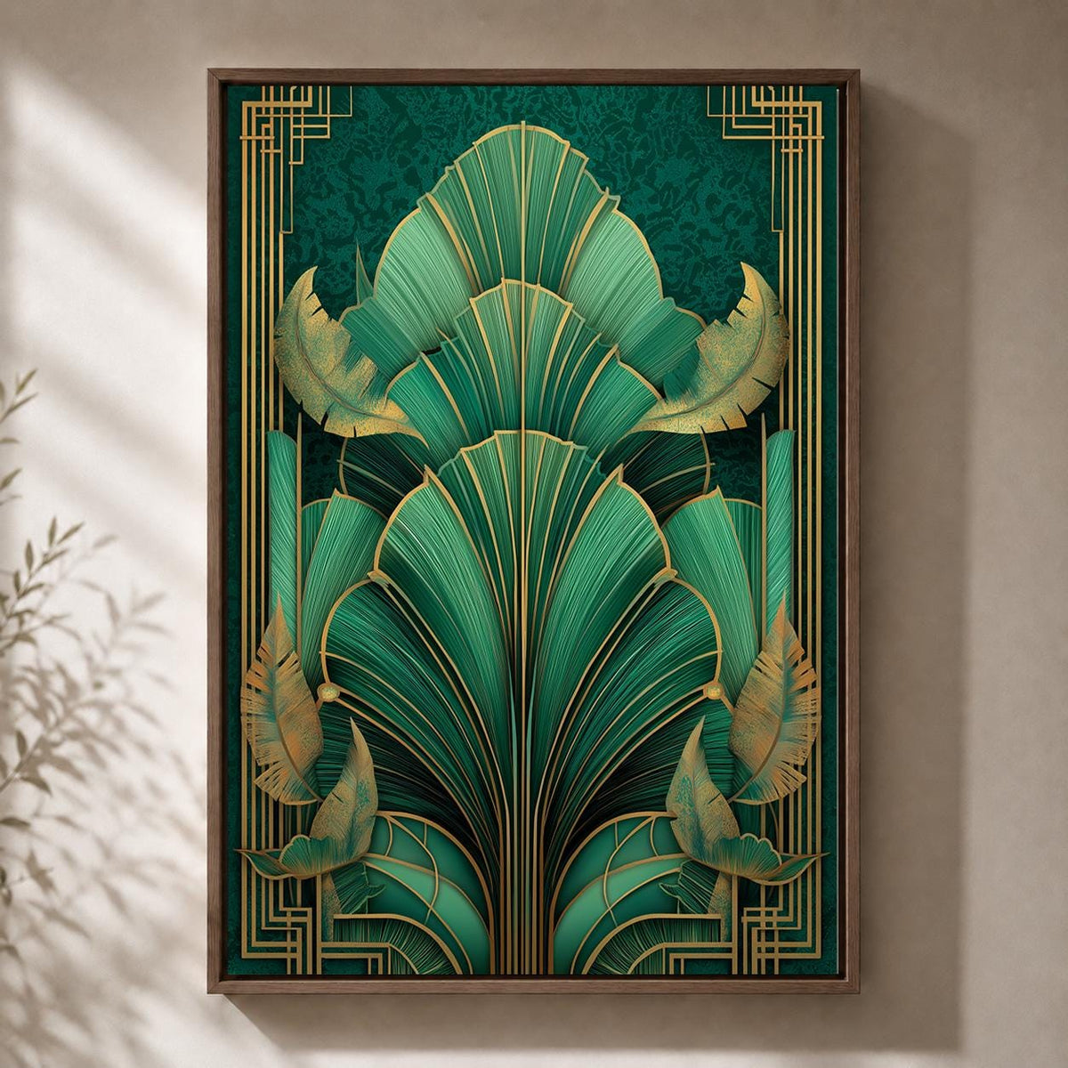 Art Deco Emerald Green Tropical Leaf Framed Canvas Print, Gold Botanical Wall Art by The Wall Art Studio - physical