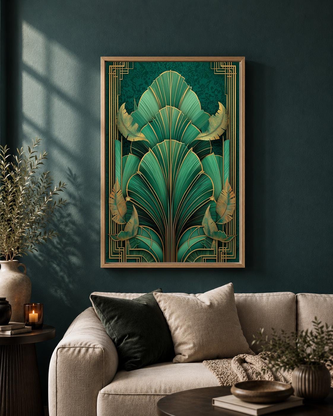 Art Deco Emerald Green Tropical Leaf Framed Canvas Print, Gold Botanical Wall Art by The Wall Art Studio - physical