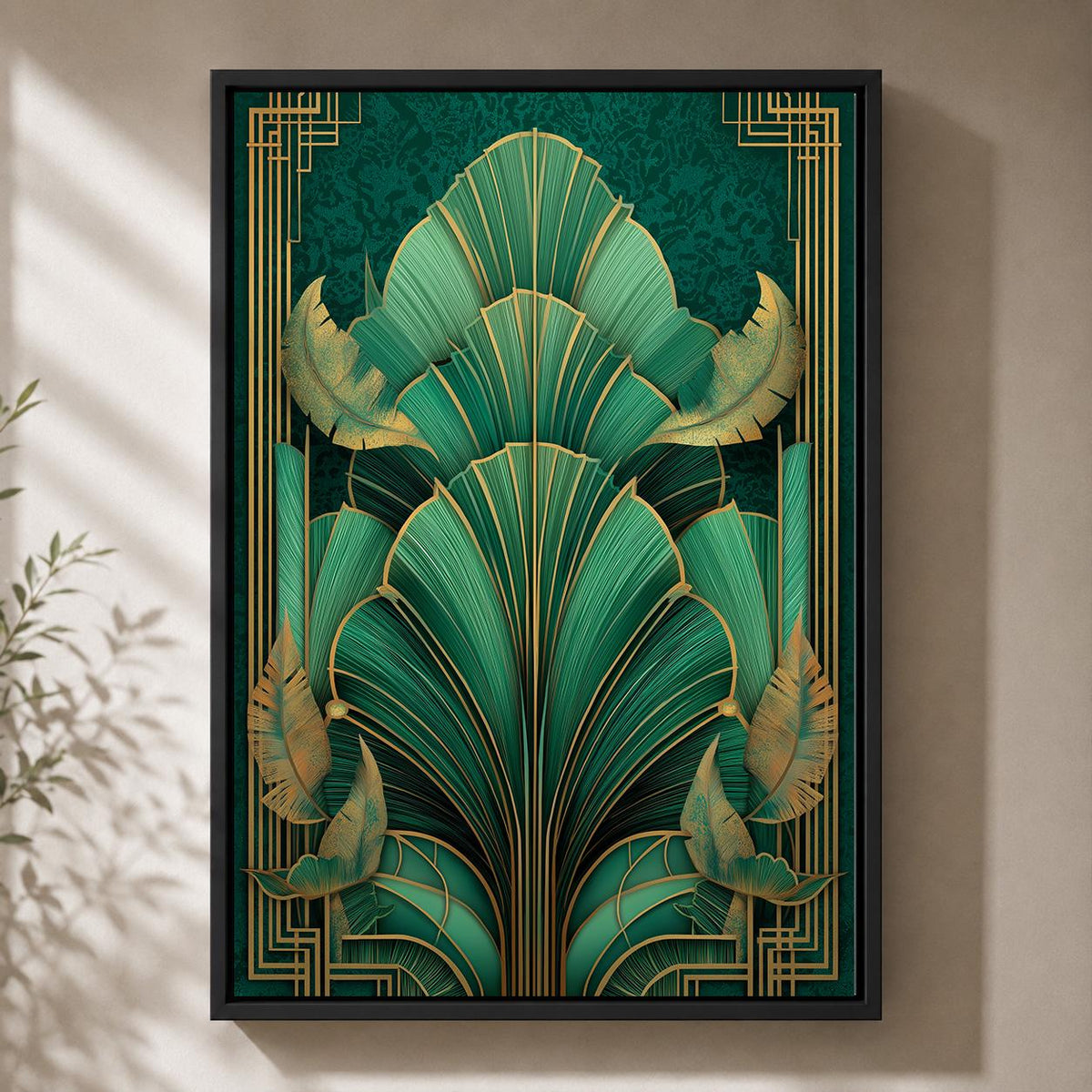 Art Deco Emerald Green Tropical Leaf Framed Canvas Print, Gold Botanical Wall Art by The Wall Art Studio - physical