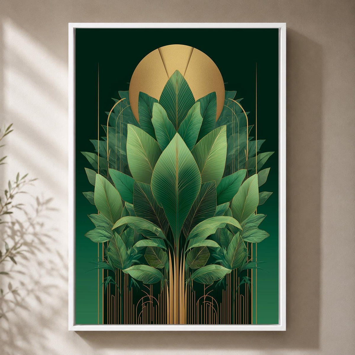 Art Deco Emerald Green Tropical Leaf Framed Canvas Print, Gold Botanical Wall Art by The Wall Art Studio - physical