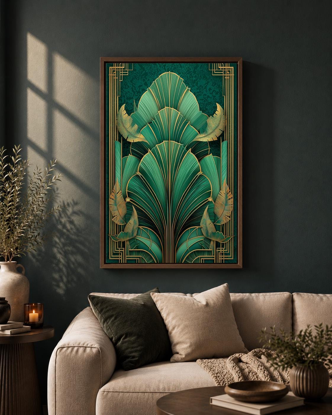 Art Deco Emerald Green Tropical Leaf Framed Canvas Print, Gold Botanical Wall Art by The Wall Art Studio - physical